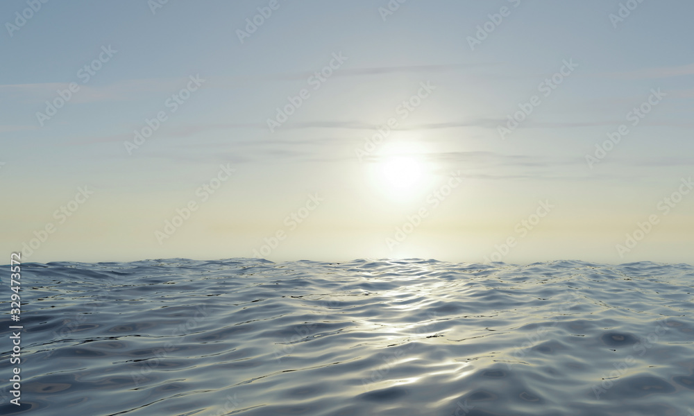 View of the sea, ocean and sunset with clear sky soft clouds. 3D rendering. View of the sea, ocean and sunset with clear sky soft clouds. 3D rendering.