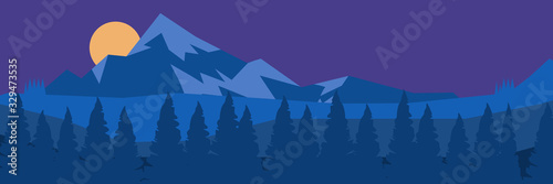 Landscape panorama vector with mountain range,pines and moon in classic blue color tones.