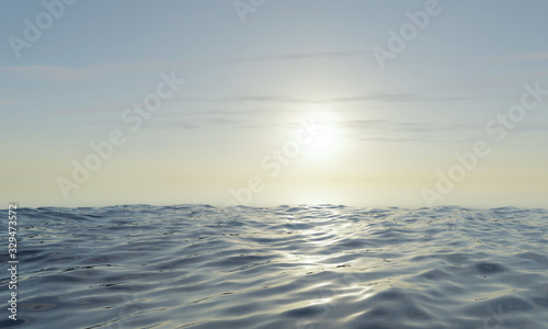 View of the sea   ocean and  sunset with clear sky soft clouds. 3D rendering.
