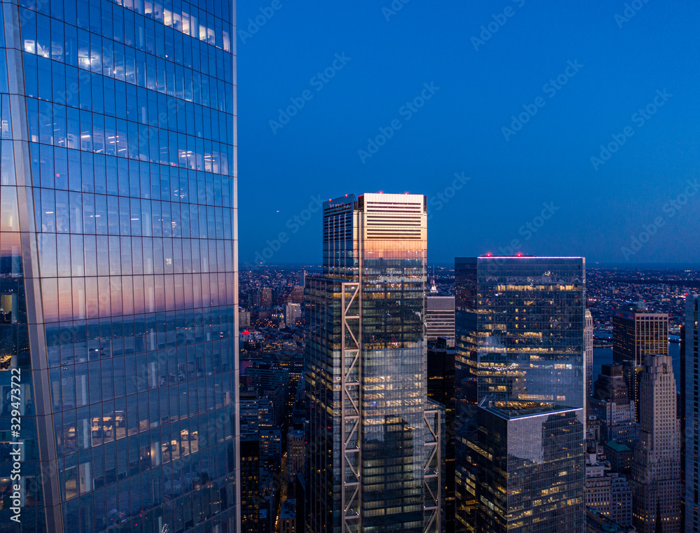 Aerial view of New York city One World Trade Center at dusk Aerial view of New York city One World Trade Center at dusk