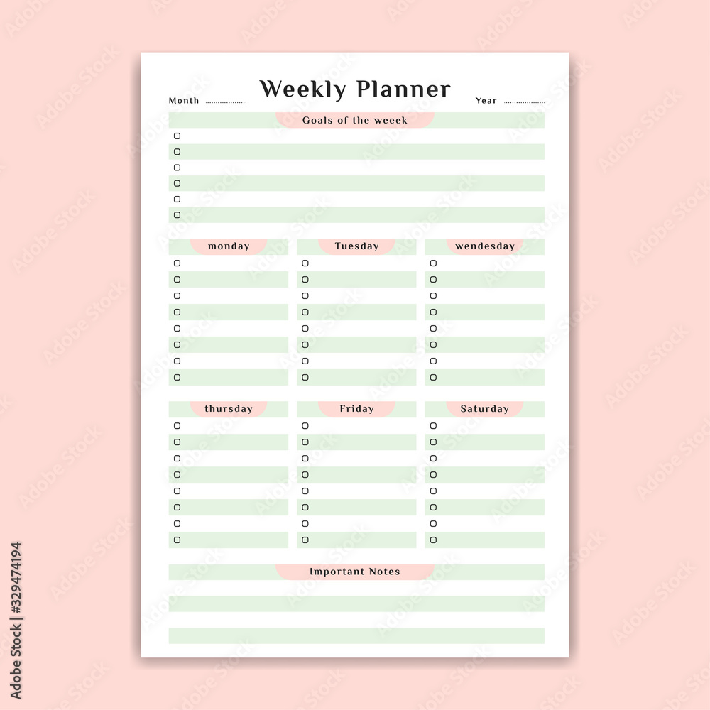Feminine Weekly schedule planner for woman A3 size with list check box and goals of week simple blush pink soft green color