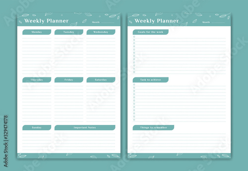 Weekly planner schedule monday to sunday set with weekly goals and notes in soft green leaf flower decoration