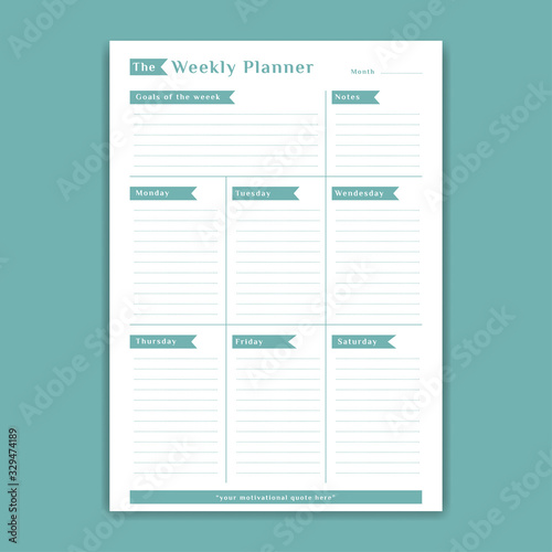 Green weekly planner schedule template monday to saturday with notes and week goals list simple table style