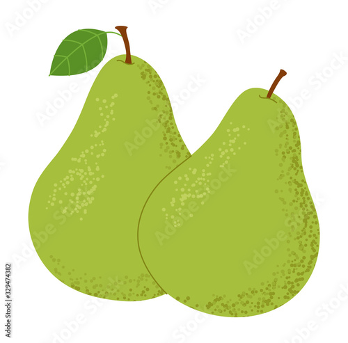 Two green pears isolated on a white background. Flat design. Vector illustration.