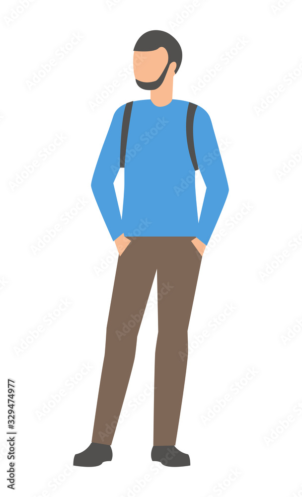 Man stands with a backpack. Isolated on a white background. Flat design. Vector illustration.