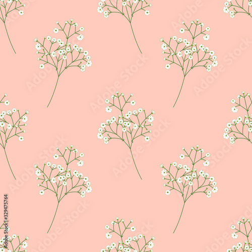 Cute tiny white flowers, baby's breath, Gypsophila flowers seamless pattern background. Doodle summer floral pattern background. Great for wallpaper, textile, fabric, card, packaging, wedding.