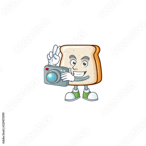 Slice of bread mascot design as a professional photographer with a camera