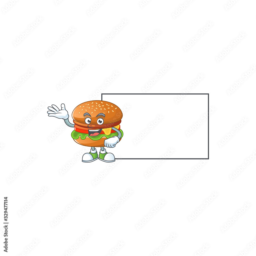 Hamburger with board cartoon mascot design style Hamburger with board cartoon mascot design style