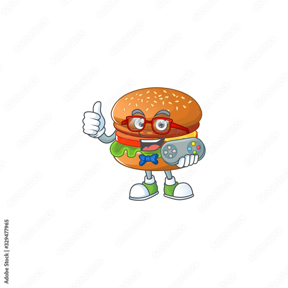 Talented hamburger gamer mascot design using controller