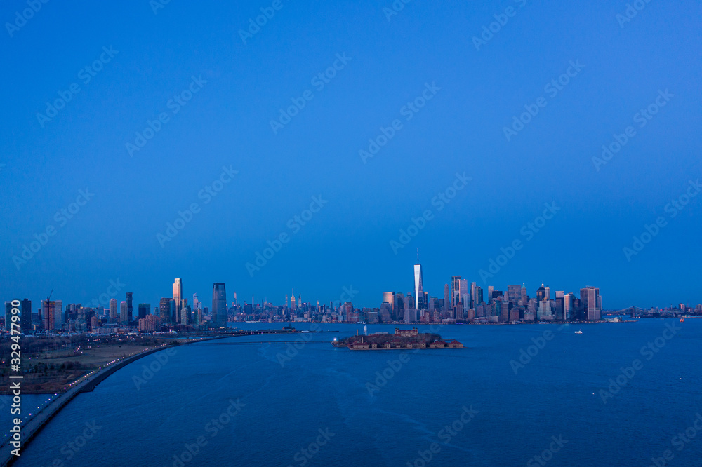 Aerial view of Manhattan waterfront and Governors Island, New York