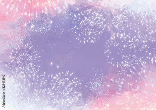 花火：花火　花火大会　火花　風物詩　8月　フレーム　枠　水彩　イベント　年中行事