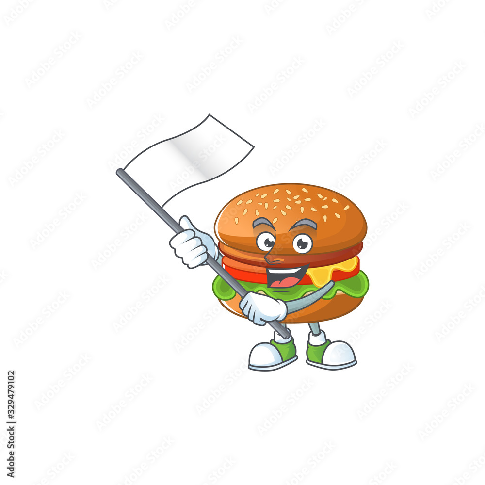 A patriotic hamburger mascot character design holding standing flag