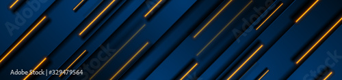 Dark blue geometric banner design with orange neon laser lines. Technology vector background