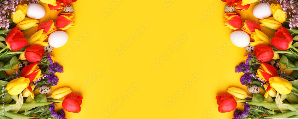 Springtime season greeting card - happy easter concept - multicolored tulips and eggs on bright yellow background, copy space, sale, discount, celebrate banner Springtime season greeting card - happy easter concept - multicolored tulips and eggs on bright yellow background, copy space, sale, discount, celebrate banner