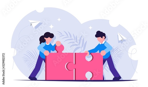 Teamwork concept. People work together. Achieving the goal together. Combining the figurines of the puzzle into a common detail. Modern flat vector illustration.