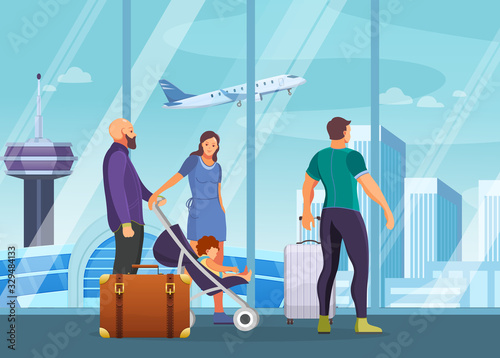 Passenger group people together waiting in airport terminal. Passengers family with child in pram, muscular man waiting to arrival, departure with luggage, suitcases, in waiting room cartoon vector