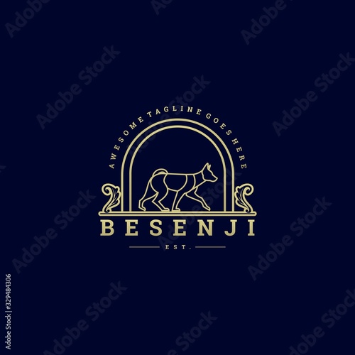 Vector Logo Illustration Dog Walking Vintage Badge Style.