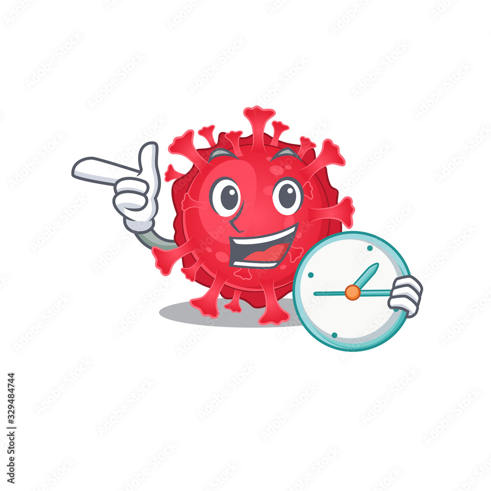Cheerful coronavirus substance cartoon character style with clock Cheerful coronavirus substance cartoon character style with clock