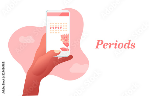 Hand holding smartphone with mobile application. Calendar of menstrual cycle. Personal hygiene vector illustration. 