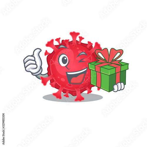 Smiley coronavirus substance cartoon character having a gift box
