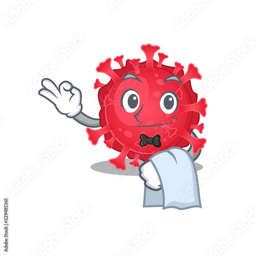 A design of coronavirus substance cartoon character working as waiter
