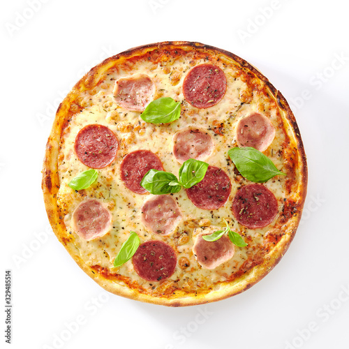Pizza with Ham, Salami and Italian Herbs Isolated