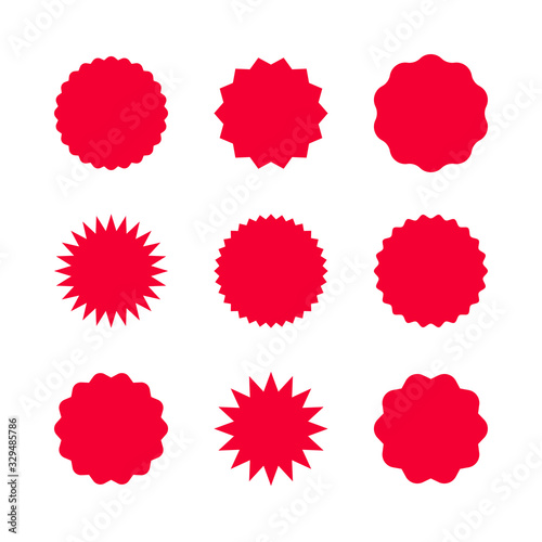 Red sale stickers set isolated on white background. Promo product labels templates, starburst, sunburst badges. Vector design elements for price tag, quality mark, shop poster, web design, decor
