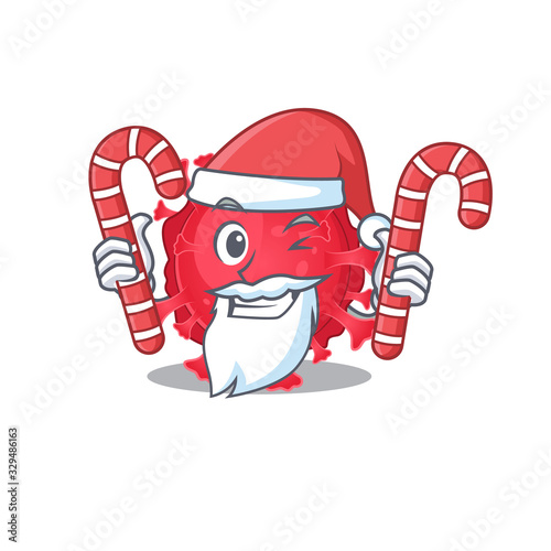 Friendly coronavirus substance in Santa Cartoon character having candies