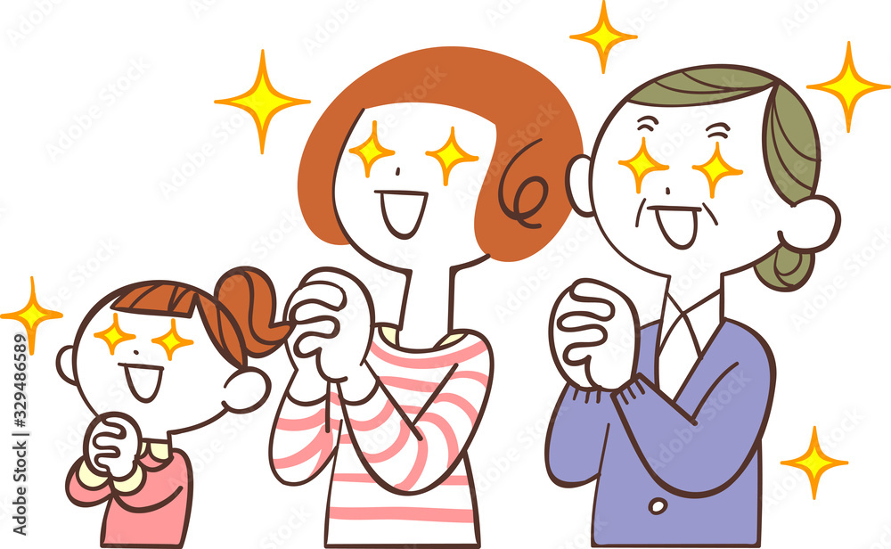 目を輝かせて祈る女性三世代