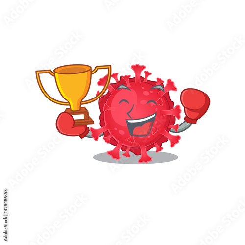 Happy face of boxing winner coronavirus substance in mascot design style