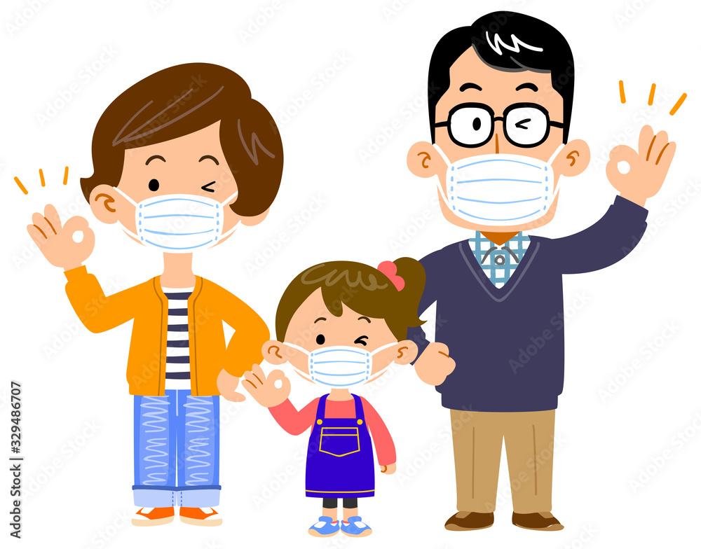 マスクをつけた3人家族 全身 マスクをつけた3人家族 全身