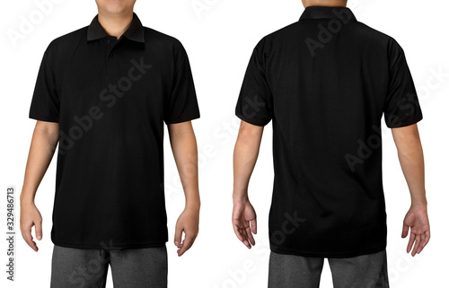 Black blank polo t shirt on a young man isolated on white background. Front and back view with clipping path.