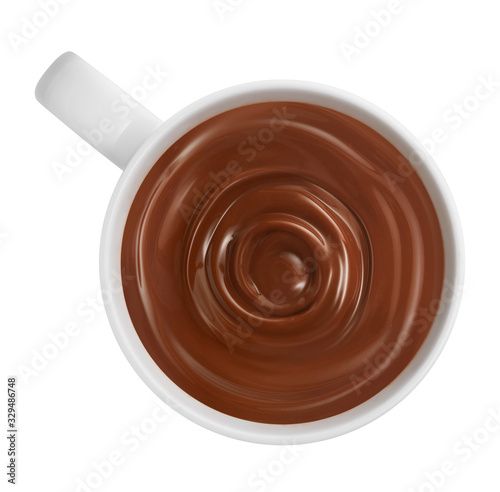 Chocolate swirl in a cup of coffee top view isolated on white