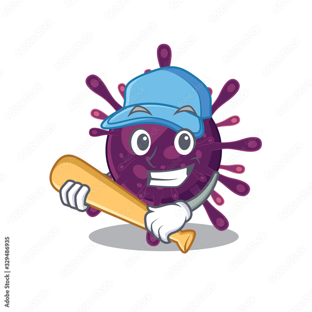 Naklejka premium Mascot design style of coronavirus kidney failure with baseball stick