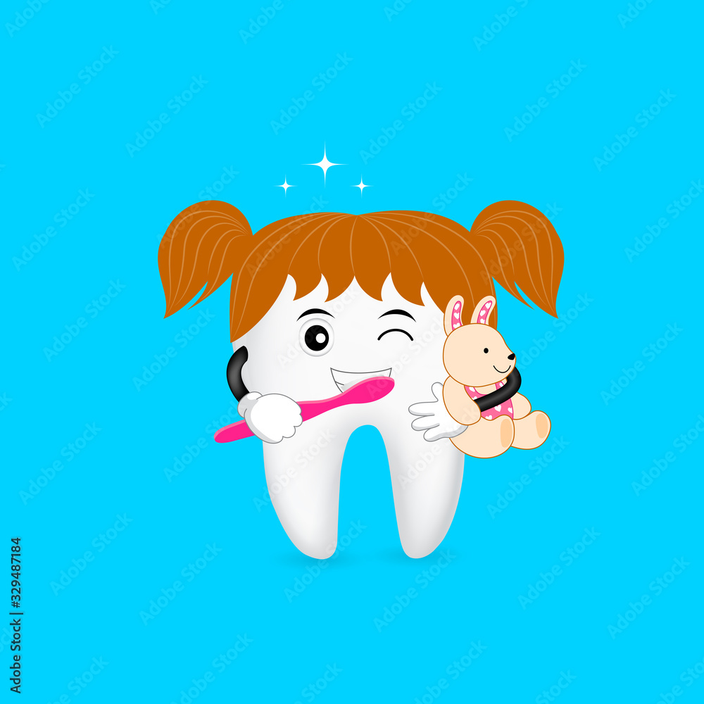 Cute cartoon tooth character brushing with smiley face. Dental care ...