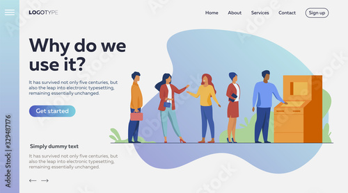 People waiting in queue for bank machine vector illustration. Customers standing in line for payment. Withdrawing money in bank