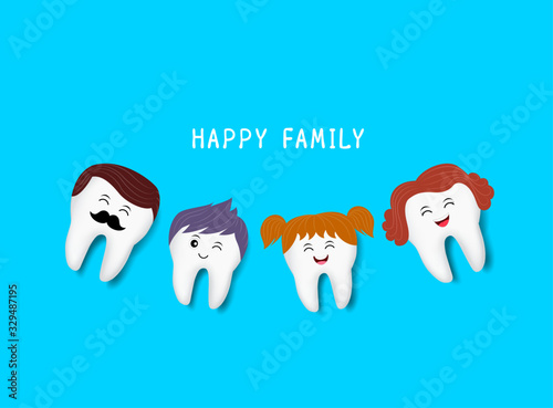 Happy cute family cartoon tooth characters. Dental care concept. Illustratiion on blue background.