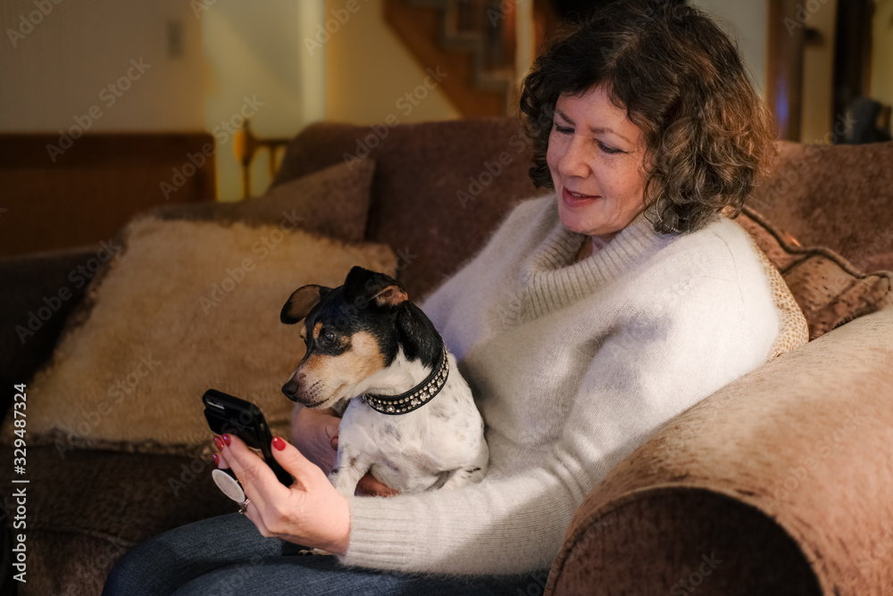 Attractive mature woman sitting on sofa with small dog in her lap looking at her smartphone; dog looking at the phone, too. Attractive mature woman sitting on sofa with small dog in her lap looking at her smartphone; dog looking at the phone, too.