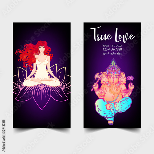 Stretch and Strength. Yoga card, flyer, poster, mat design. Colorful template for spiritual retreat or yoga studio. Ornamental business cards, oriental pattern. Vector illustration