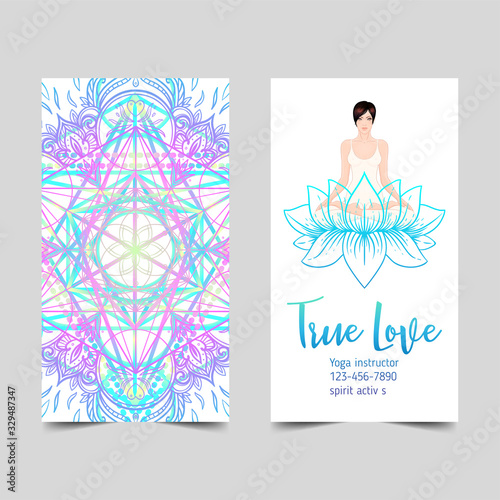 Stretch and Strength. Yoga card, flyer, poster, mat design. Colorful template for spiritual retreat or yoga studio. Ornamental business cards, oriental pattern. Vector illustration