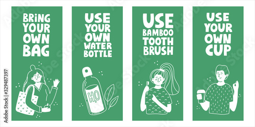 Set of flyers with zero waste concepts. Slogans with cartoon illustrations to use reusable things to save planet from pollution.