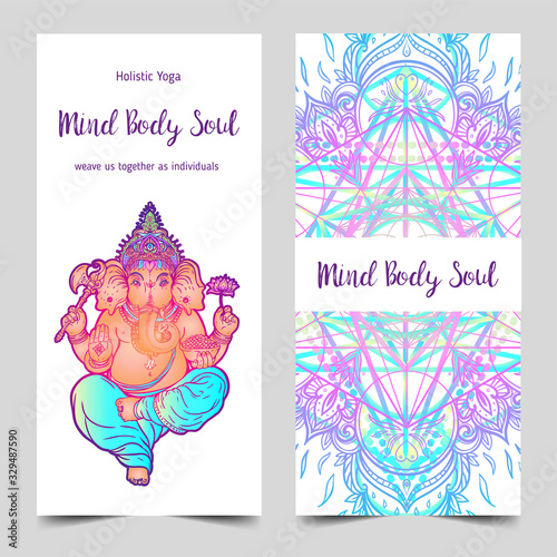 Stretch and Strength. Yoga card, flyer, poster, mat design. Colorful template for spiritual retreat or yoga studio. Ornamental business cards, oriental pattern. Vector illustration