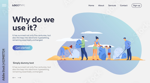 Eco volunteers cleaning sea or ocean beach from garbage. People, family with child collecting trash and sorting waste outdoors. Vector illustration for ecology, planet, nature