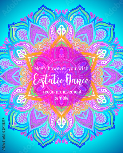 Stretch and Strength. Yoga card, flyer, poster, mat design. Colorful template for spiritual retreat or yoga studio. Ornamental business cards, oriental pattern. Vector illustration