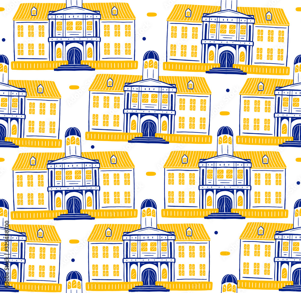Illustration of Fatahillah Museum seamless pattern on white background. Bali icons and travels with flat design style.