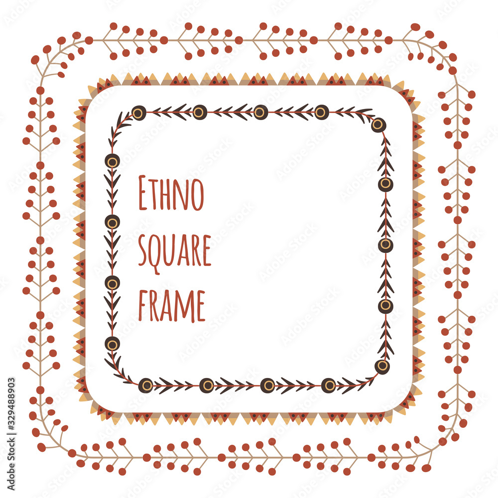 Set of square flat tribal frames from branches, flowers and berries. Natural folk herbal border. Floral vector template for invitation, greeting cards and your creativity.