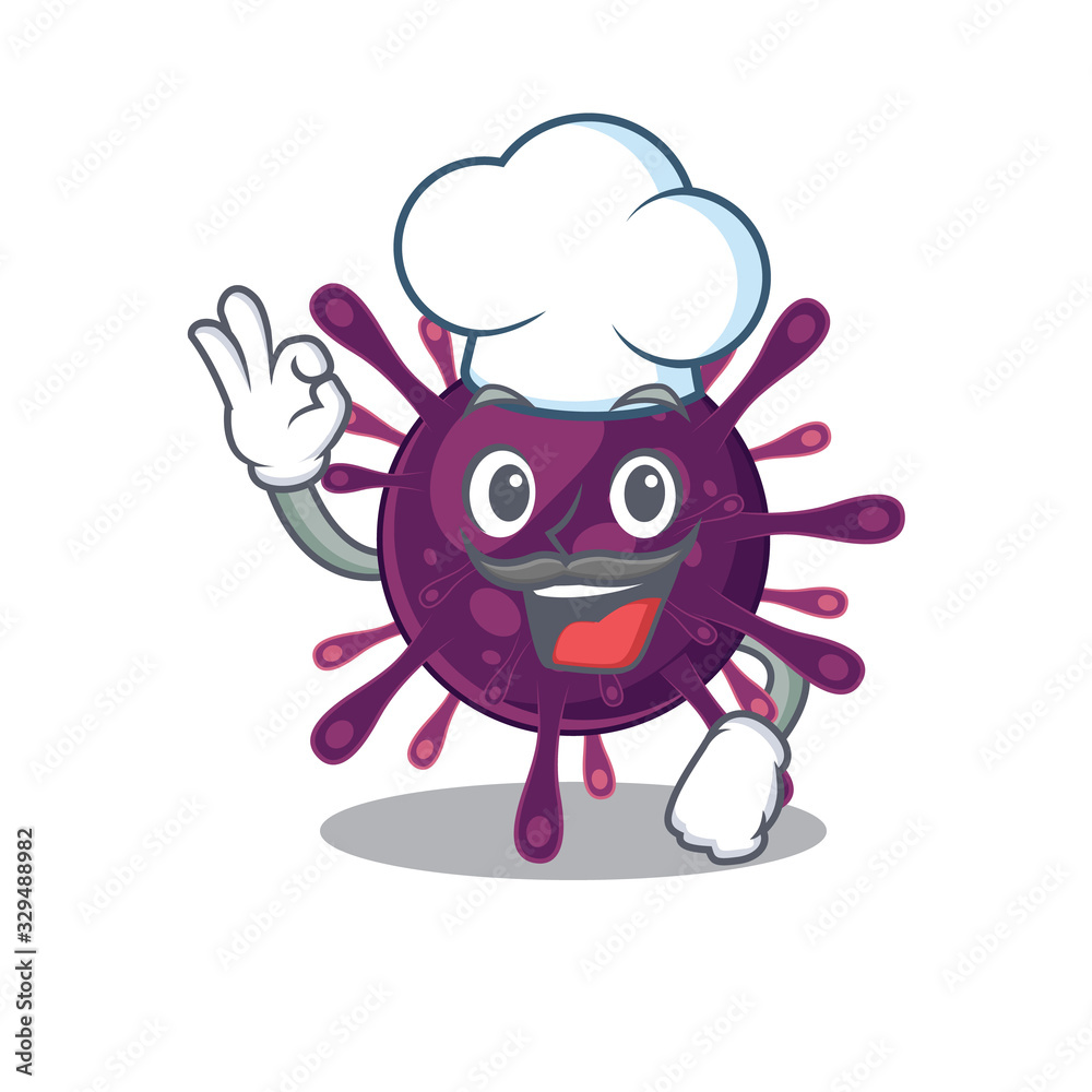 Cute coronavirus kidney failure cartoon character wearing white chef hat Cute coronavirus kidney failure cartoon character wearing white chef hat