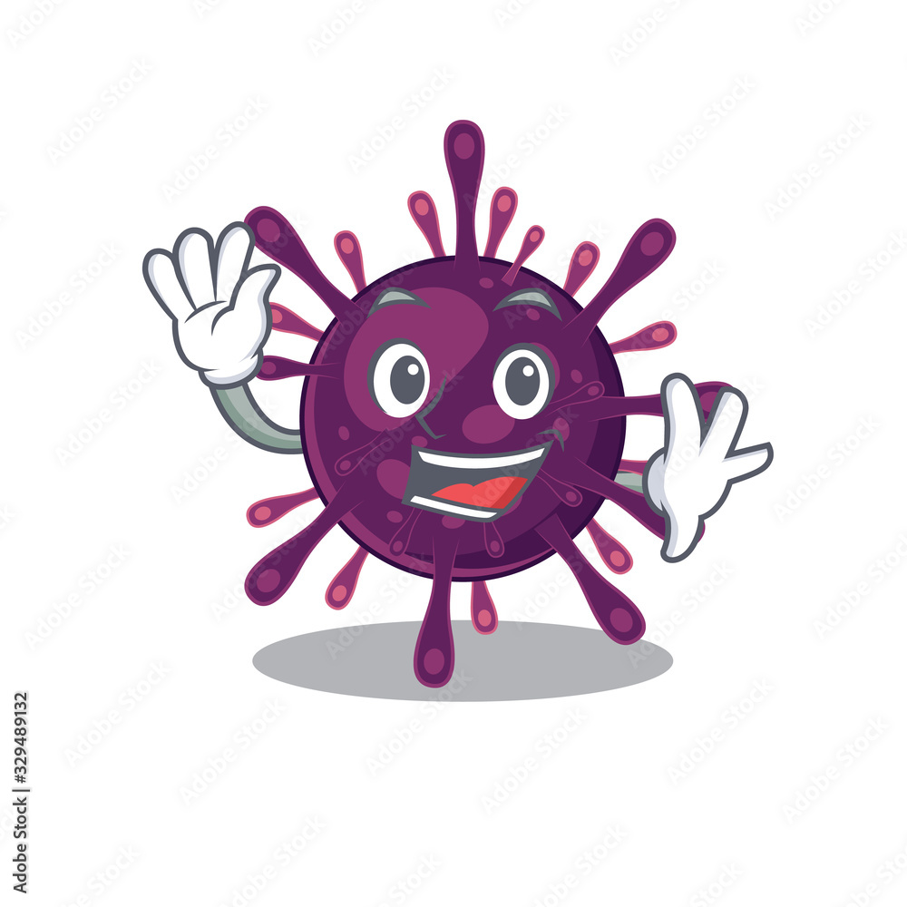 Smiley coronavirus kidney failure cartoon mascot design with waving hand