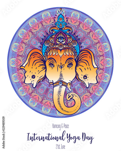 Stretch and Strength. Yoga card, flyer, poster, mat design. Colorful template for spiritual retreat or yoga studio. Ornamental business cards, oriental pattern. Vector illustration