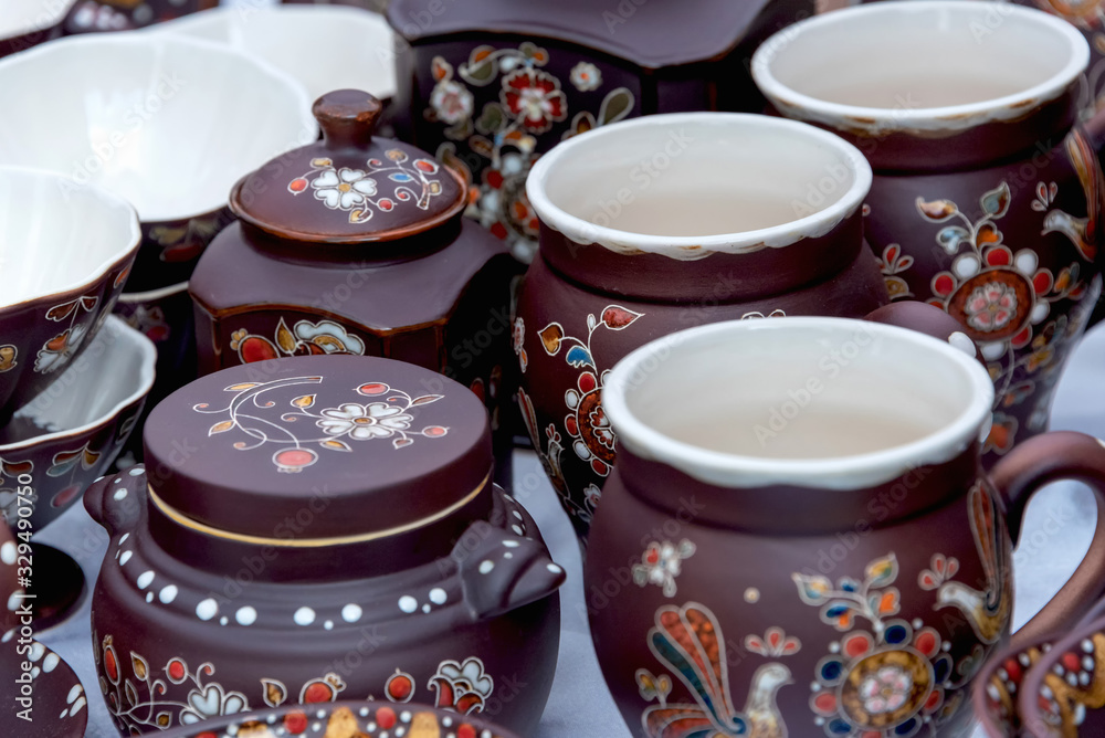 Sale of handmade pottery.Handmade pottery. Traditional souvenir.